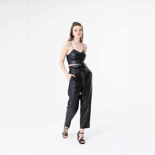 Belted High Waist Vegan Leather Pants 60301
