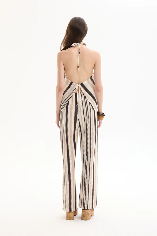 Striped Halter-Neck Blouse – Braided Bead Tie Detail  25YBLZ00423