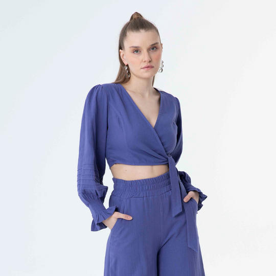 V Neck Long Sleeve Knot Front Crop Top 60190