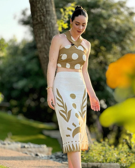 Sun Print Linen Blend Set – Olive Halter Top & Midi Skirt Co-Ord