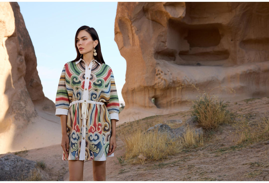 Linen Blend Shirt Kimono Dress – Multicolor Print Belted Midi Dress