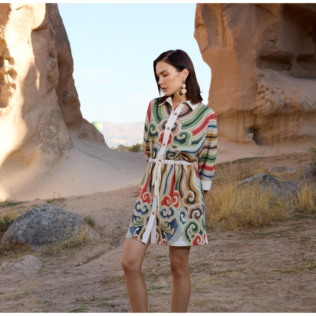 Model wearing multicolor linen-blend kimono shirt dress with rope belt, button-down front, and 3/4 sleeves