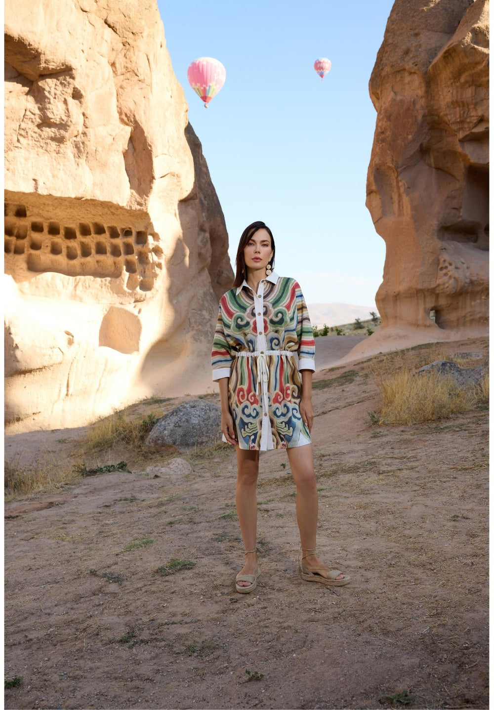 Linen Blend Shirt Kimono Dress – Multicolor Print Belted Midi Dress