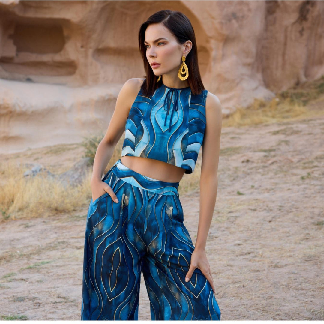 Elegant Two-Piece Set – Unique Print Top & Wide-Leg Pants 60877-76
