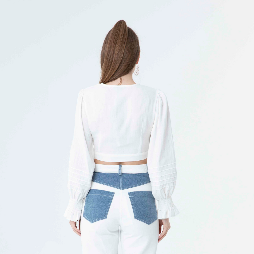 V Neck Long Sleeve Knot Front Crop Top 60190