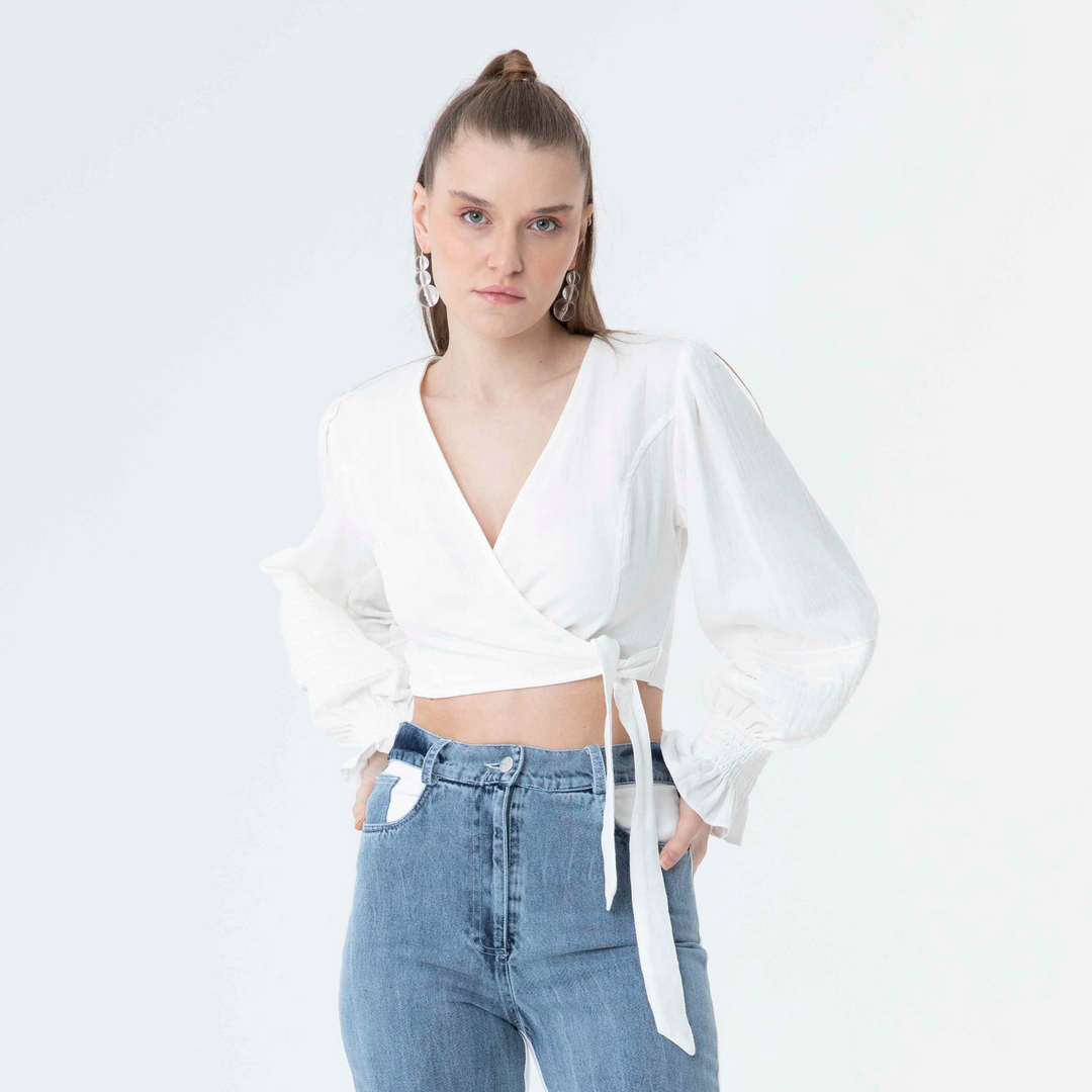 V Neck Long Sleeve Knot Front Crop Top 60190