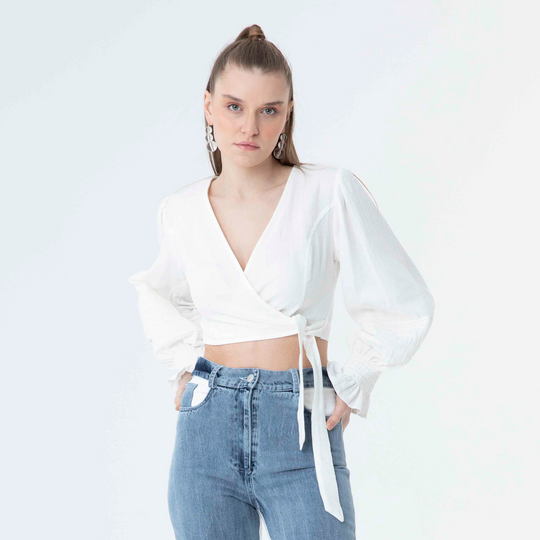 V Neck Long Sleeve Knot Front Crop Top 60190