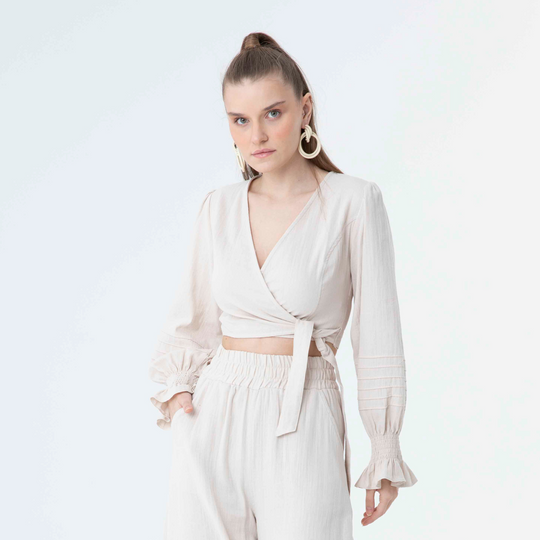 V Neck Long Sleeve Knot Front Crop Top 60190