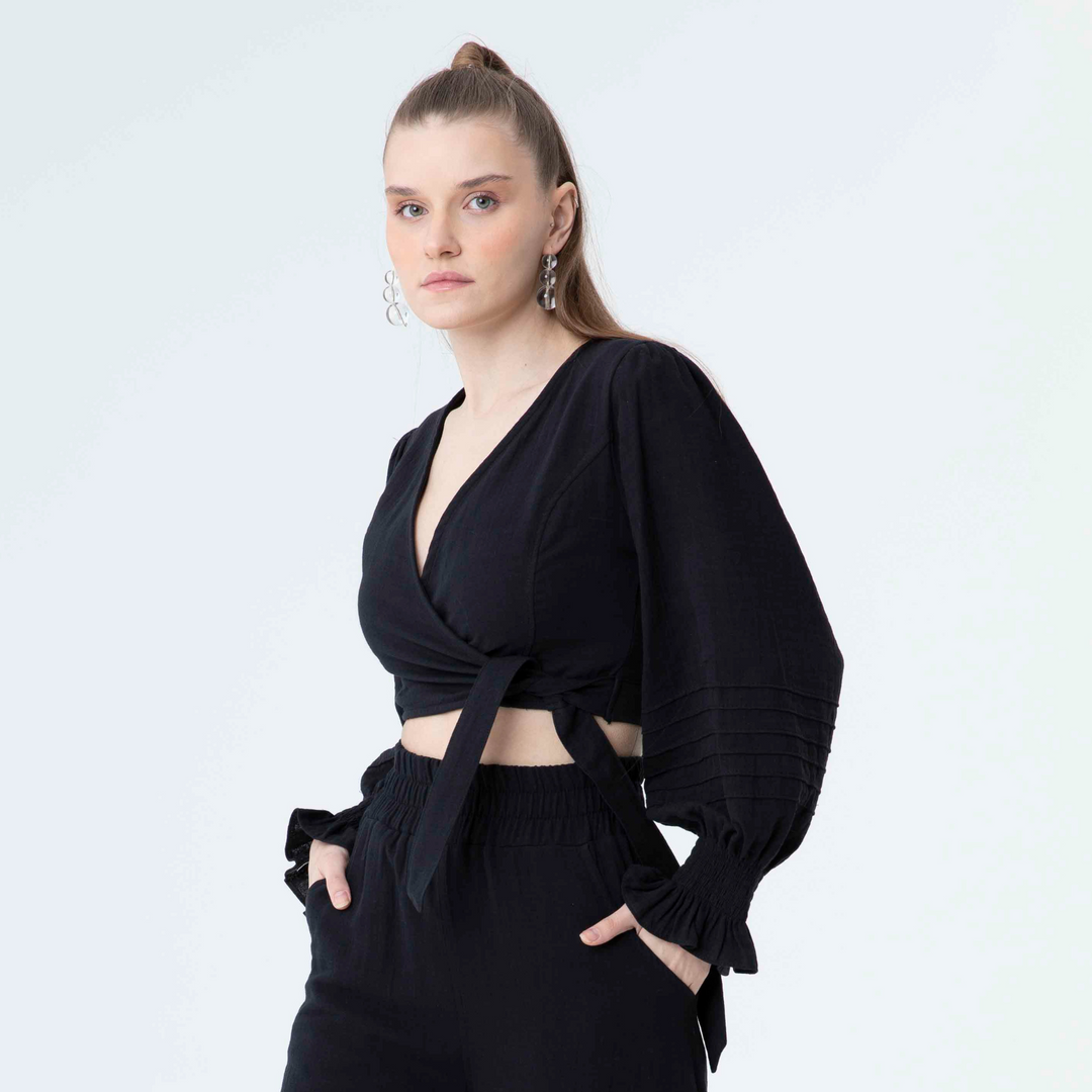 V Neck Long Sleeve Knot Front Crop Top 60190