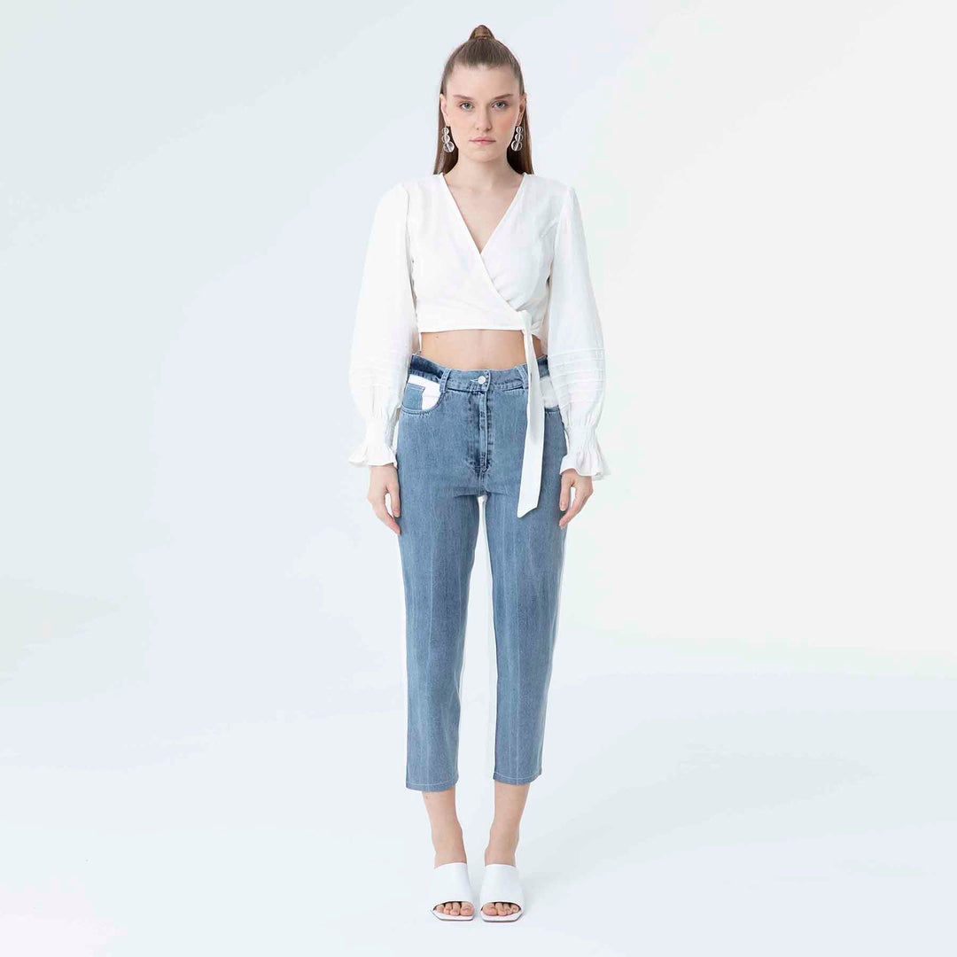 V Neck Long Sleeve Knot Front Crop Top 60190