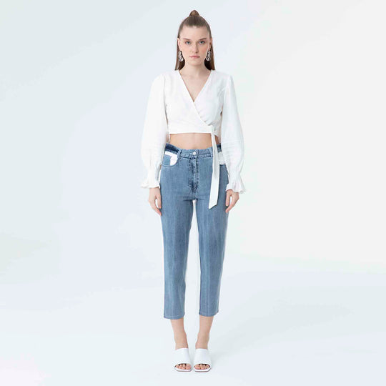 V Neck Long Sleeve Knot Front Crop Top 60190