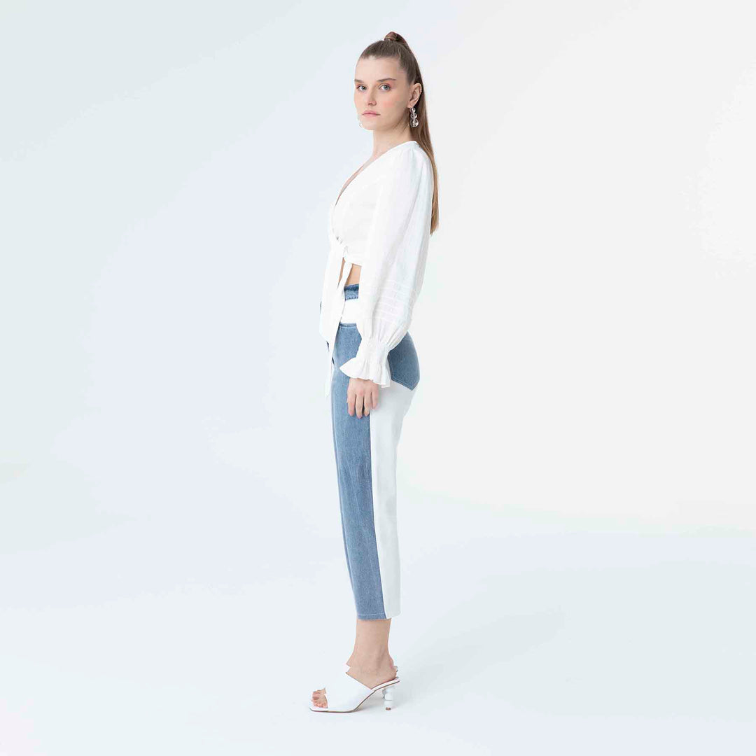 V Neck Long Sleeve Knot Front Crop Top 60190