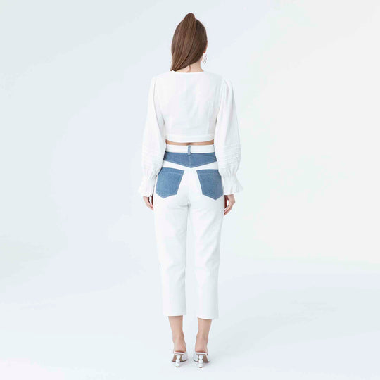 V Neck Long Sleeve Knot Front Crop Top 60190