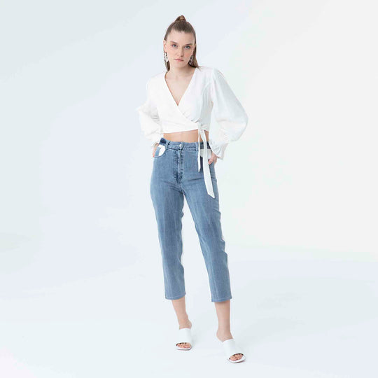 V Neck Long Sleeve Knot Front Crop Top 60190