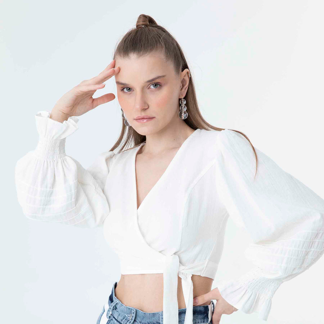 V Neck Long Sleeve Knot Front Crop Top 60190