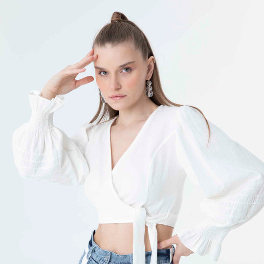 V Neck Long Sleeve Knot Front Crop Top 60190