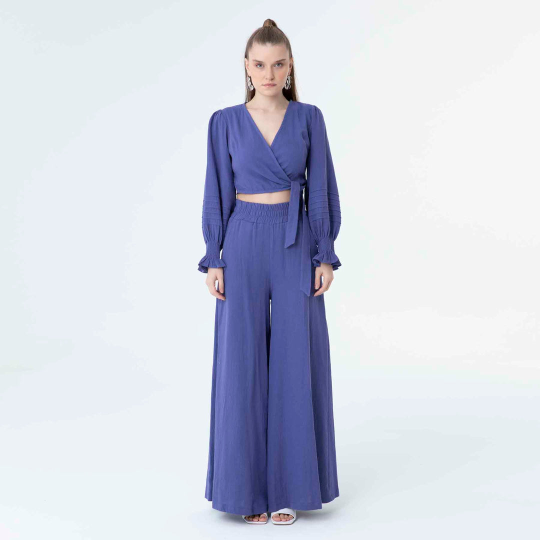V Neck Long Sleeve Knot Front Crop Top 60190