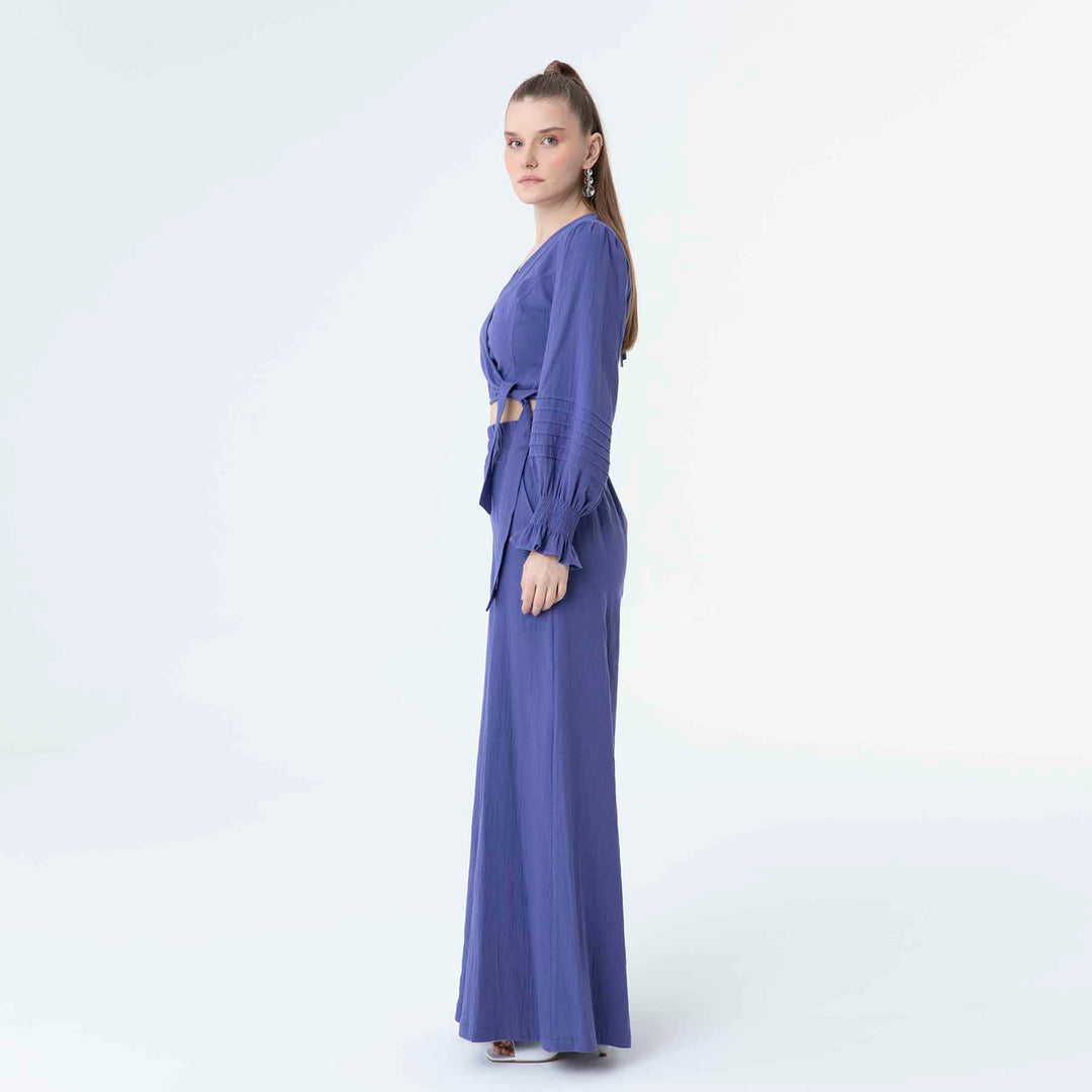 V Neck Long Sleeve Knot Front Crop Top 60190