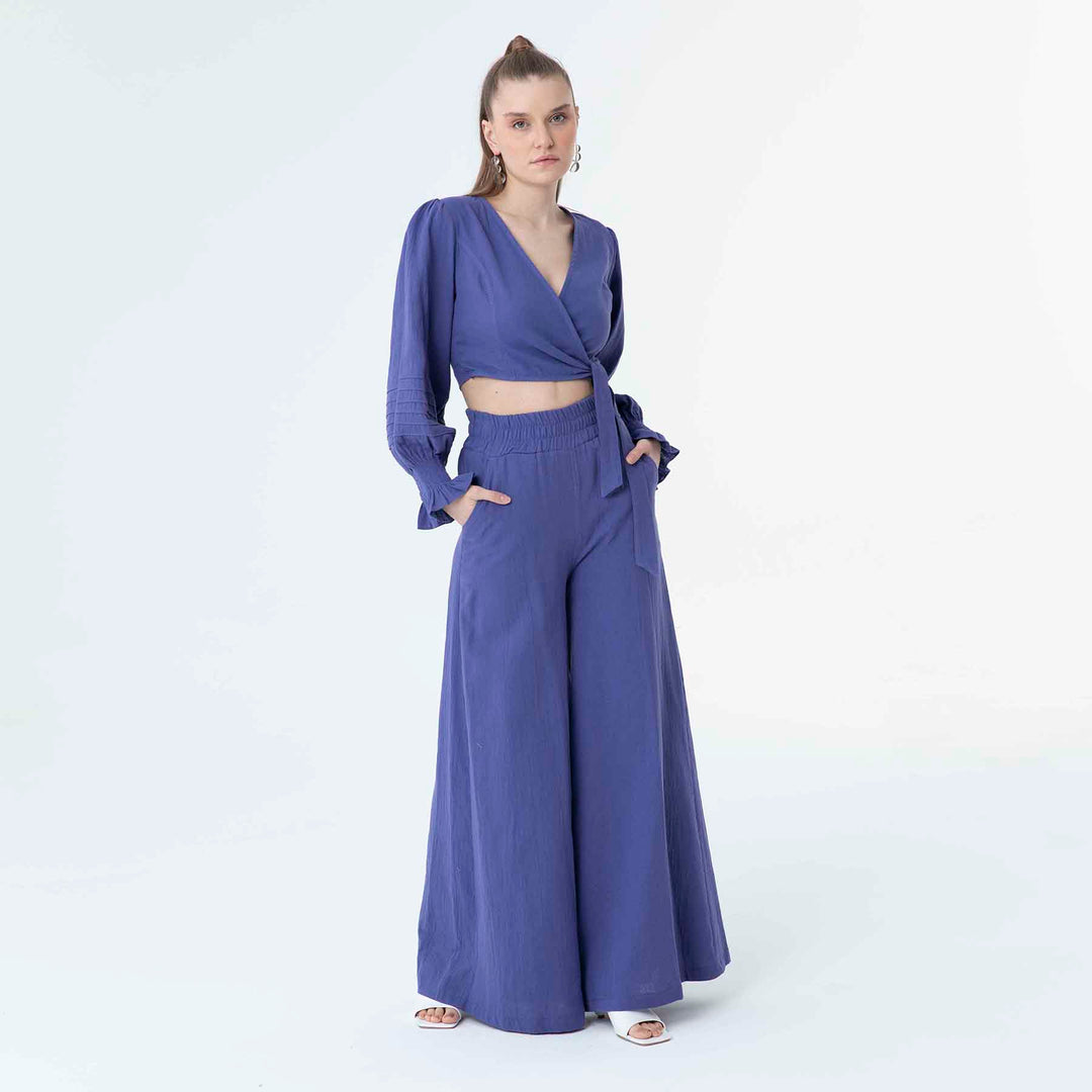 V Neck Long Sleeve Knot Front Crop Top 60190
