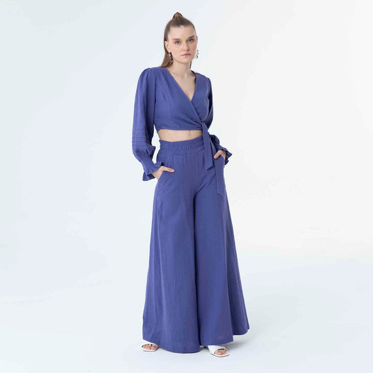 V Neck Long Sleeve Knot Front Crop Top 60190