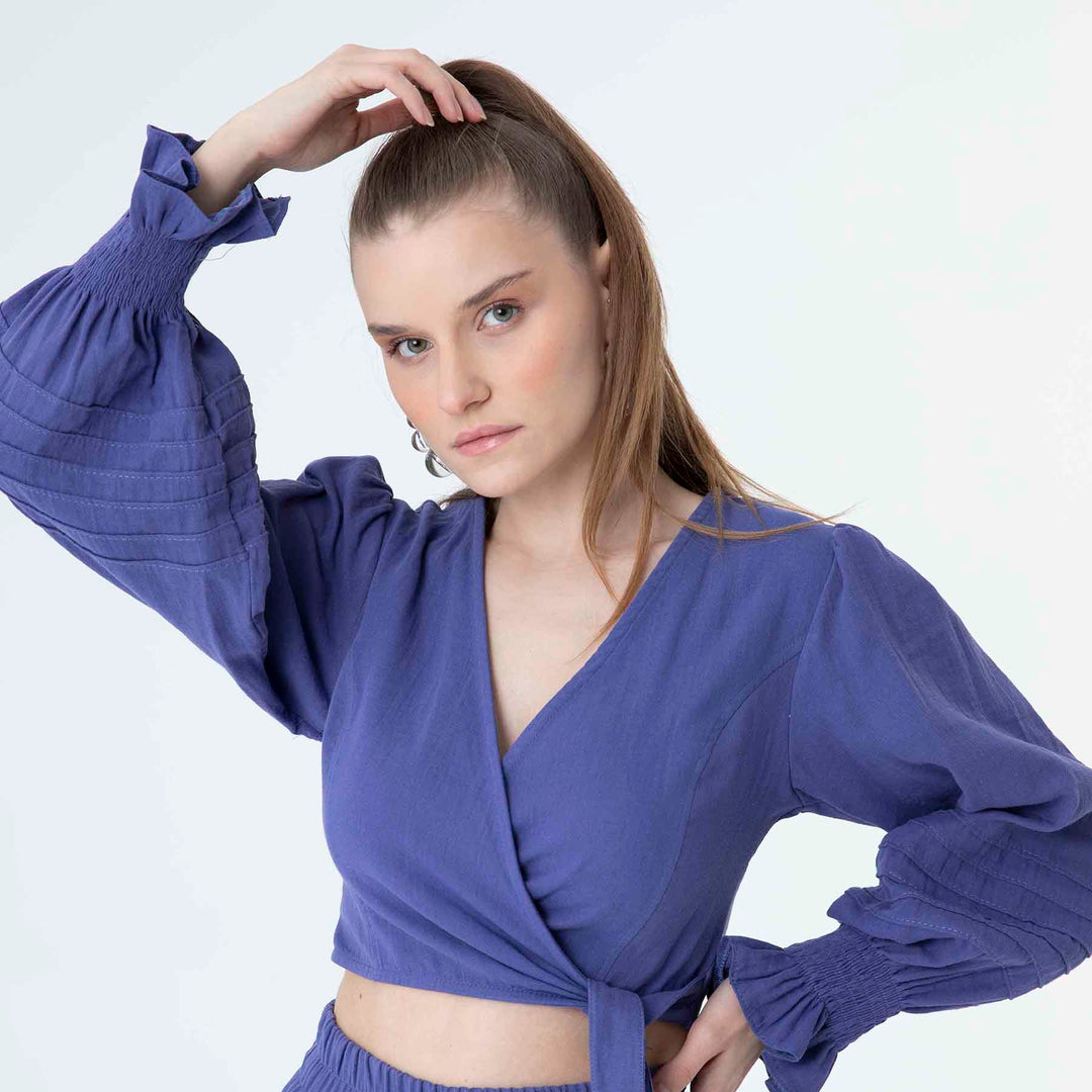V Neck Long Sleeve Knot Front Crop Top 60190