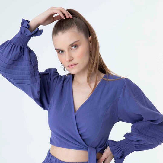 V Neck Long Sleeve Knot Front Crop Top 60190