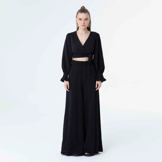 V Neck Long Sleeve Knot Front Crop Top 60190