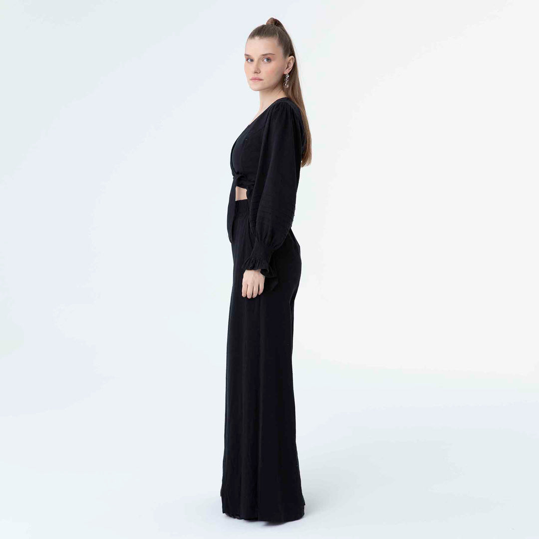 V Neck Long Sleeve Knot Front Crop Top 60190