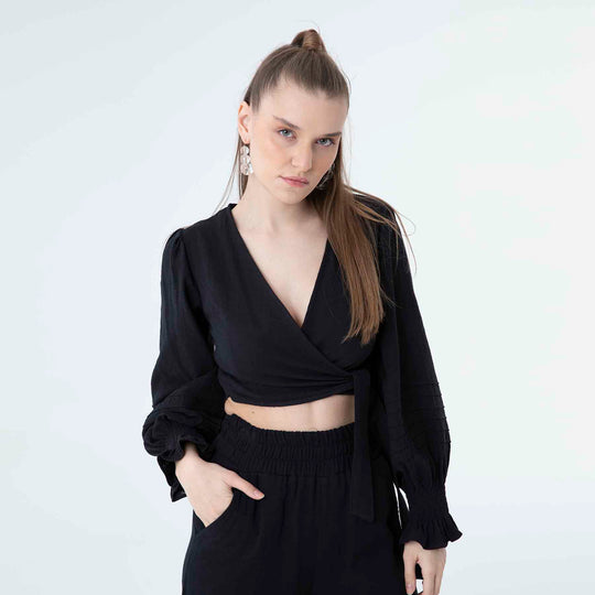 V Neck Long Sleeve Knot Front Crop Top 60190