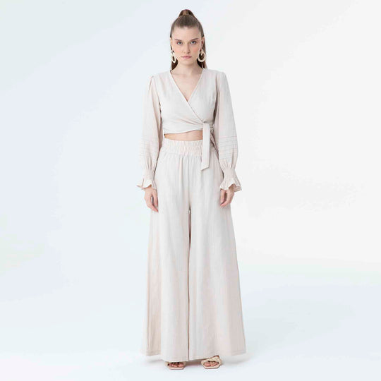 V Neck Long Sleeve Knot Front Crop Top 60190