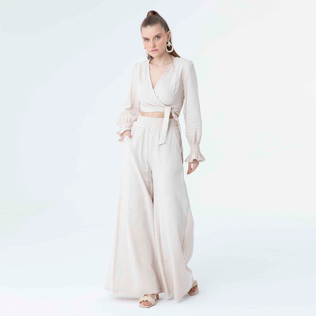 V Neck Long Sleeve Knot Front Crop Top 60190