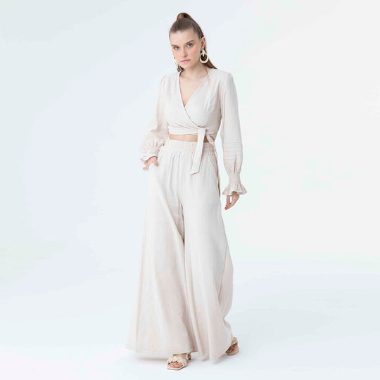 V Neck Long Sleeve Knot Front Crop Top 60190