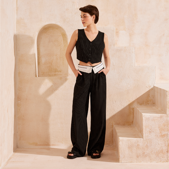 Belted Detail Striped Palazzo Pant 31252 – SoulofMu