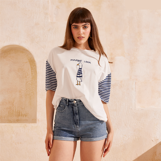Garnished Stripe Embroidery T-Shirt 31285