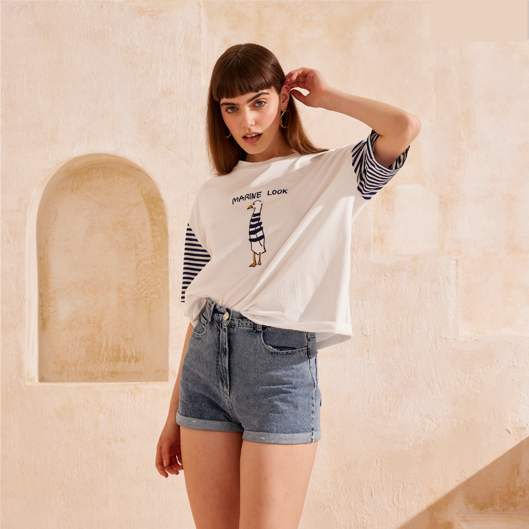 Garnished Stripe Embroidery T-Shirt 31285