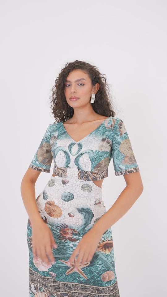 Coastal Print Side Cut-Out Midi Dress 60870