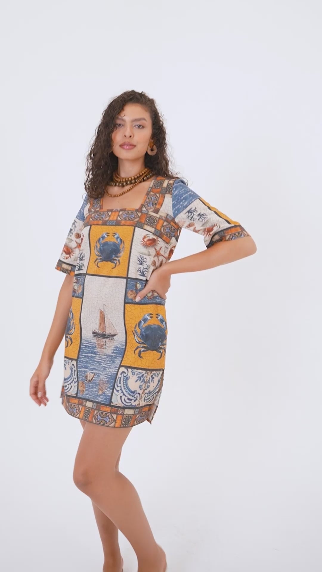 Square Neck Sea Print Midi Tunic Dress 60855