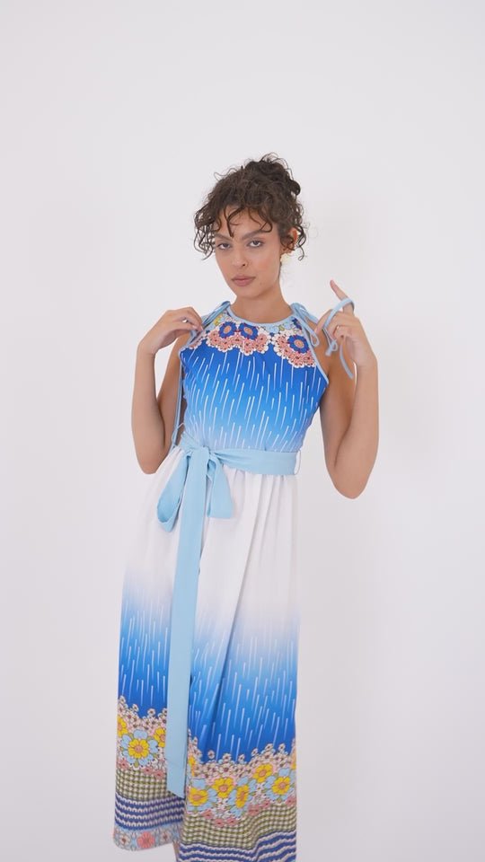 Belted Floral Blue Print Midi Dress 60862