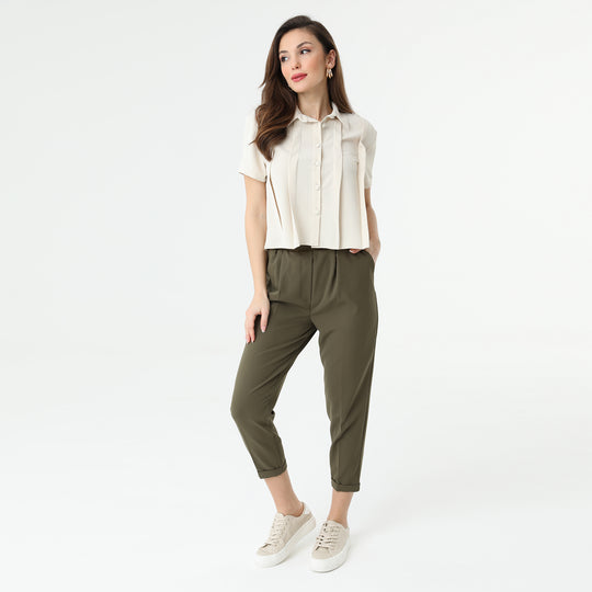 High Waisted Elastic Tapered Trousers 31122