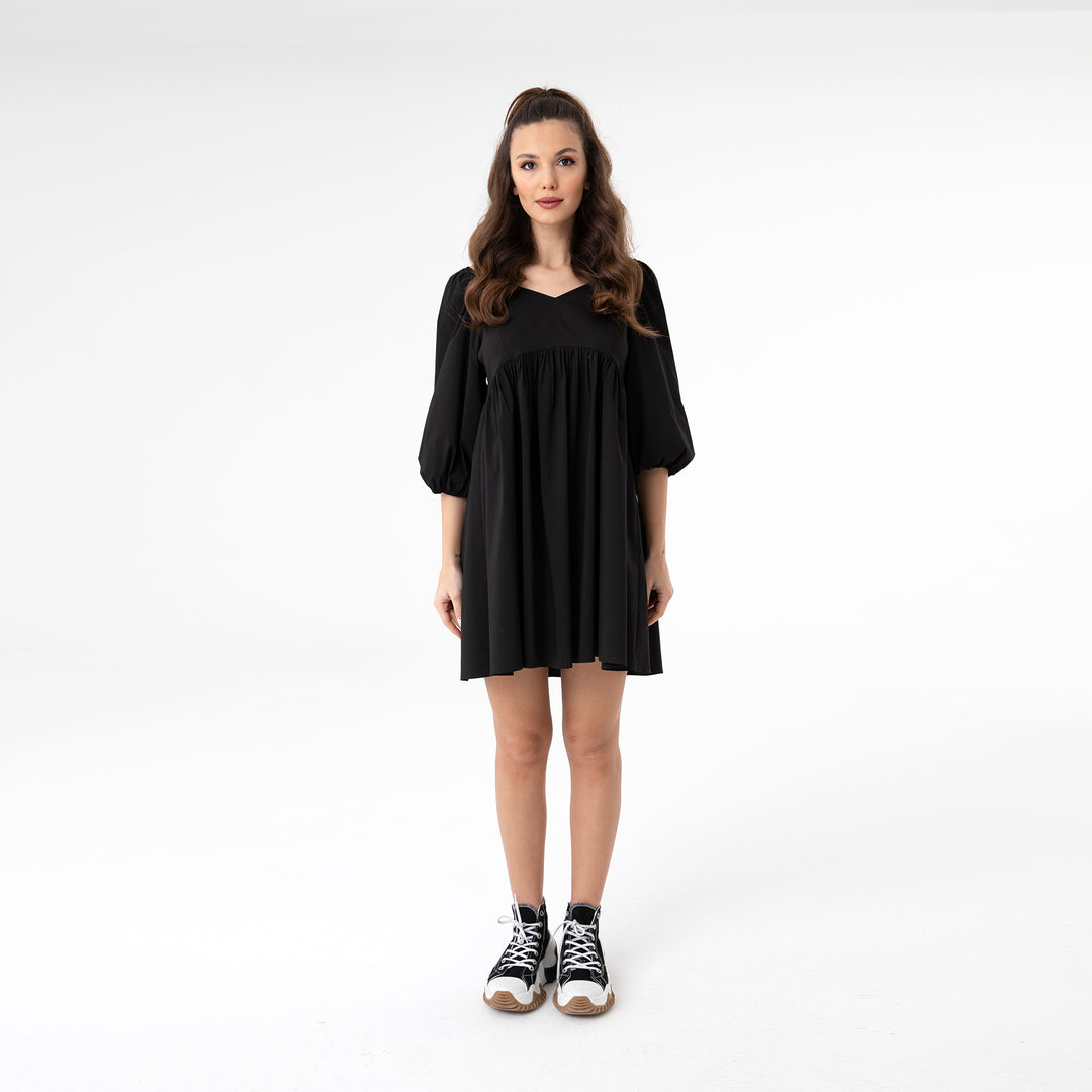 Shirred Ruffled Hem Mini Poplin Dress 31153