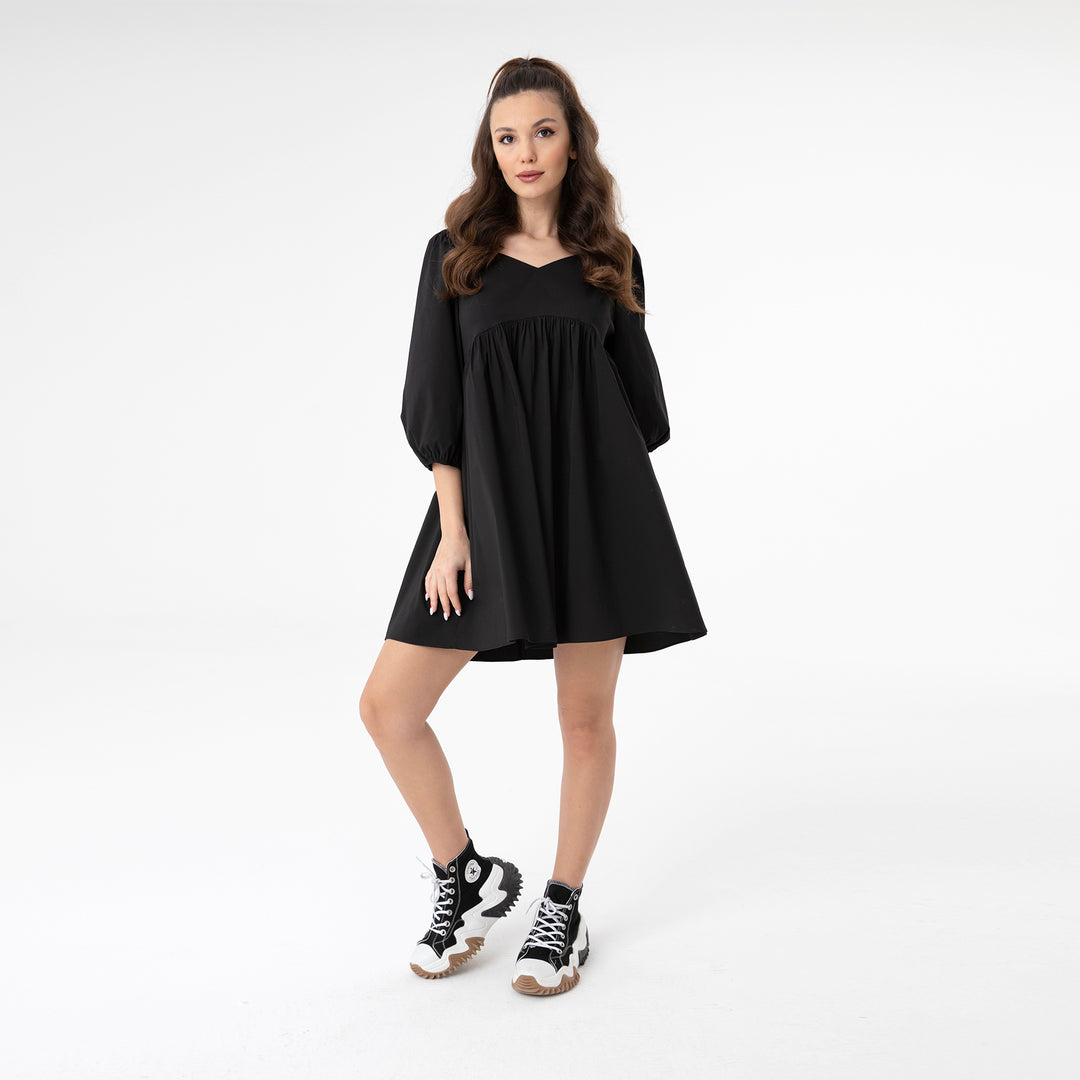 Shirred Ruffled Hem Mini Poplin Dress 31153