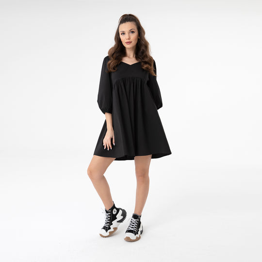 Shirred Ruffled Hem Mini Poplin Dress 31153