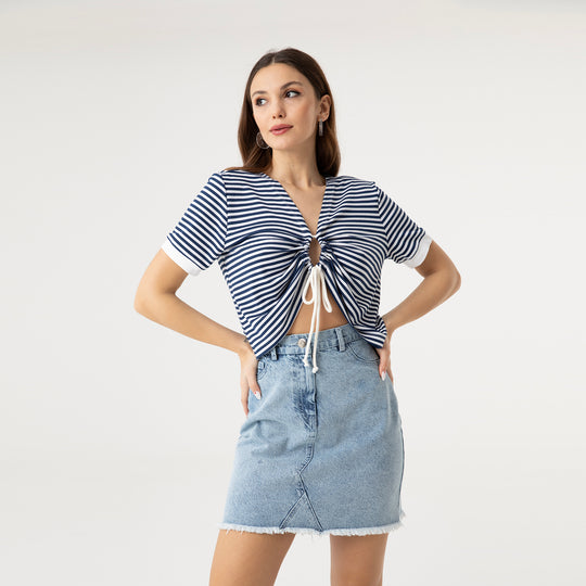 Striped Ruched Detail T-Shirt 31289
