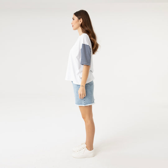 Garnished Stripe Embroidery T-Shirt 31285