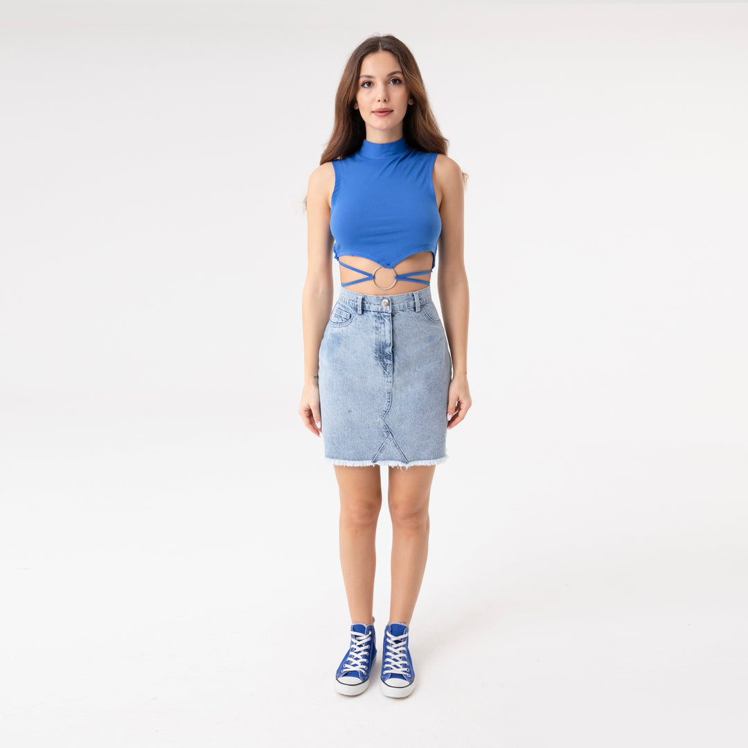 Crop Top Metal Ring and Cut Off Shoulder Detail Top 31060