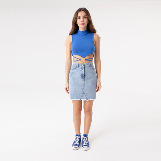 Crop Top Metal Ring and Cut Off Shoulder Detail Top 31060