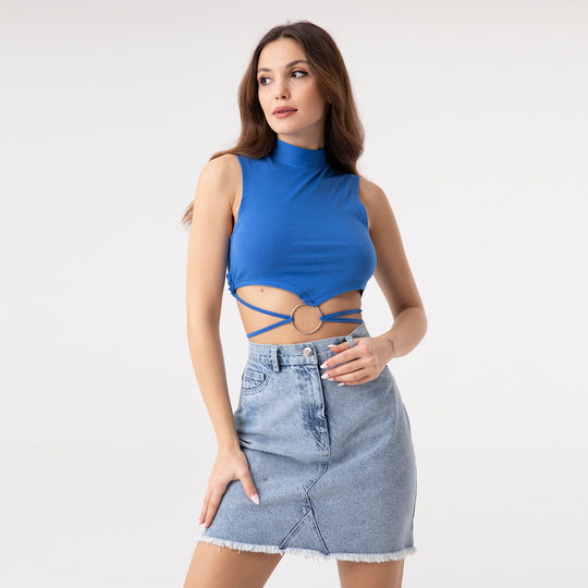 Crop Top Metal Ring and Cut Off Shoulder Detail Top 31060