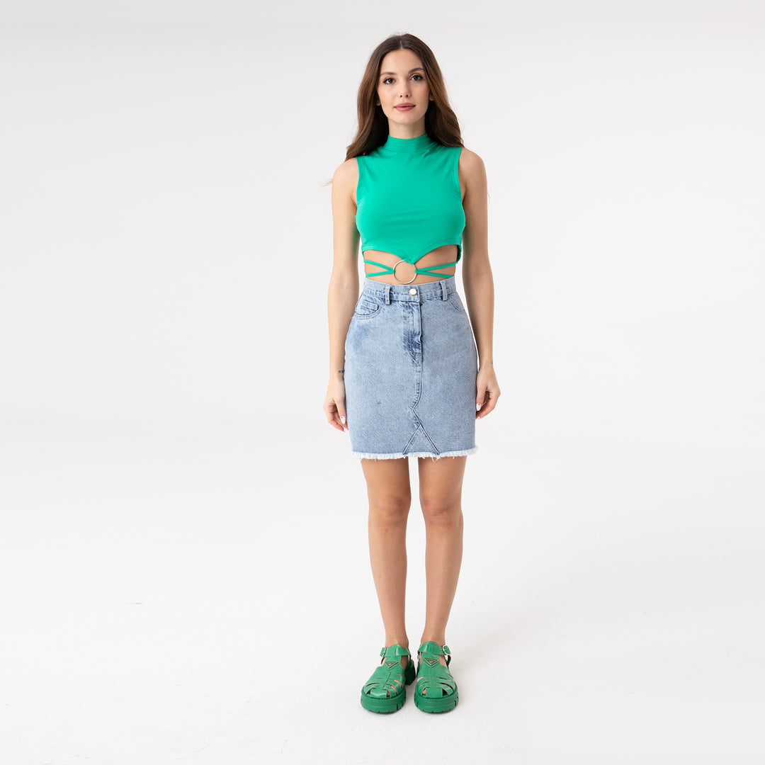Crop Top Metal Ring and Cut Off Shoulder Detail Top 31060