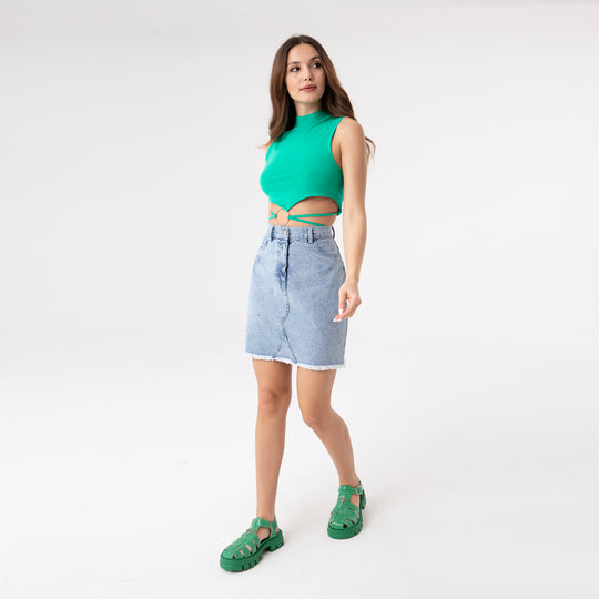 Crop Top Metal Ring and Cut Off Shoulder Detail Top 31060