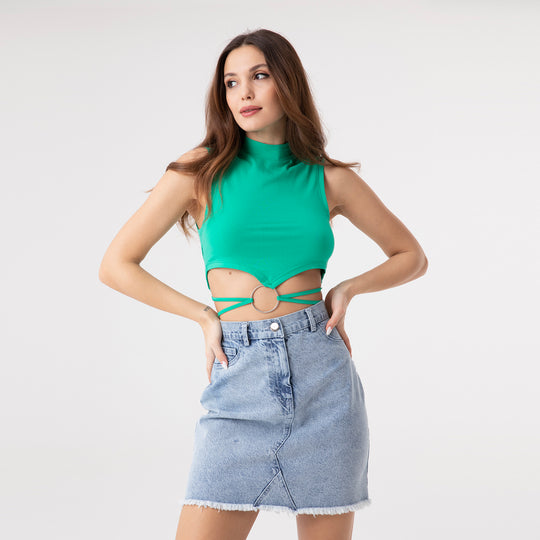 Crop Top Metal Ring and Cut Off Shoulder Detail Top 31060